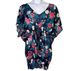 Coastal Blue Floral Print V-Neck Tunic Swimsuit Coverup Dress XL 16/18